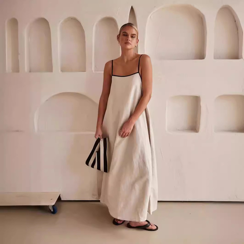 Fashion Contrast Color Cotton and Linen Wind Sling Large Swing dress Spring/Summer 2024 New Product