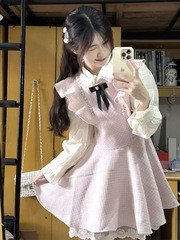 粉色a字背带连衣裙女春秋圣诞甜美内搭打底衫小个子短裙两件套装
