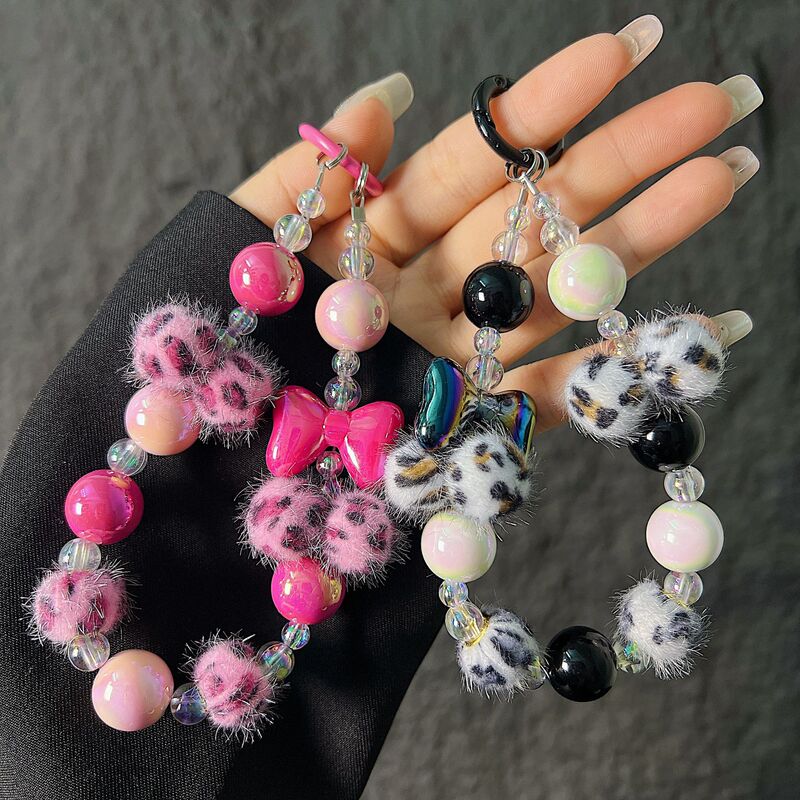 Leopard Print Fur Ball Bowknot Beaded Phone Chain Short Phone Case Bracelet Lanyard Wrist Keychain Bag Chain