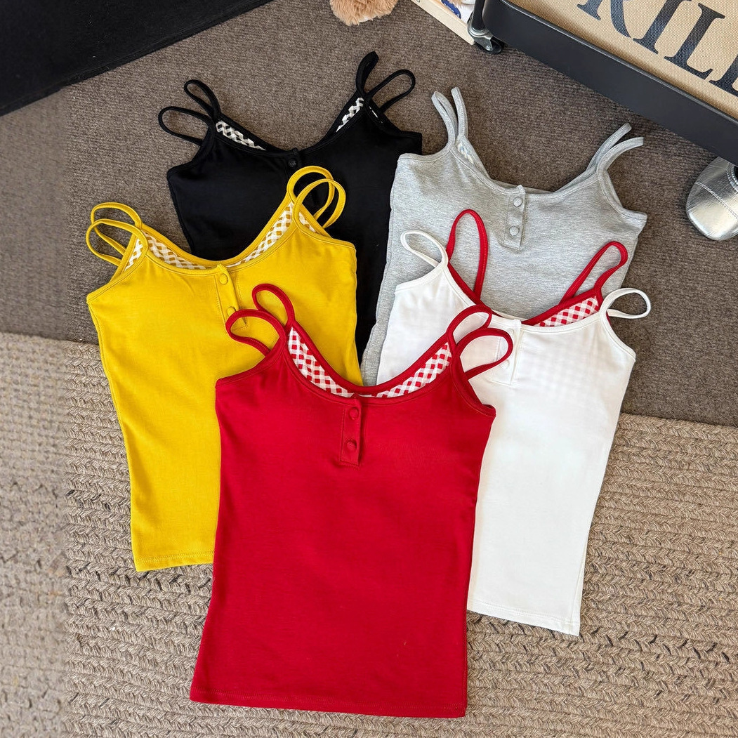 Cross-Border Dopamine Color-Blocking Faux Two-Piece Plaid Button Camisole with Chest Pads, Spicy Girl Inner Sleeveless Top for Women