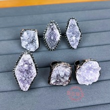 天然原石水晶戒指紫水晶晶簇芽手饰手工包电镀古铜半宝石指环批发