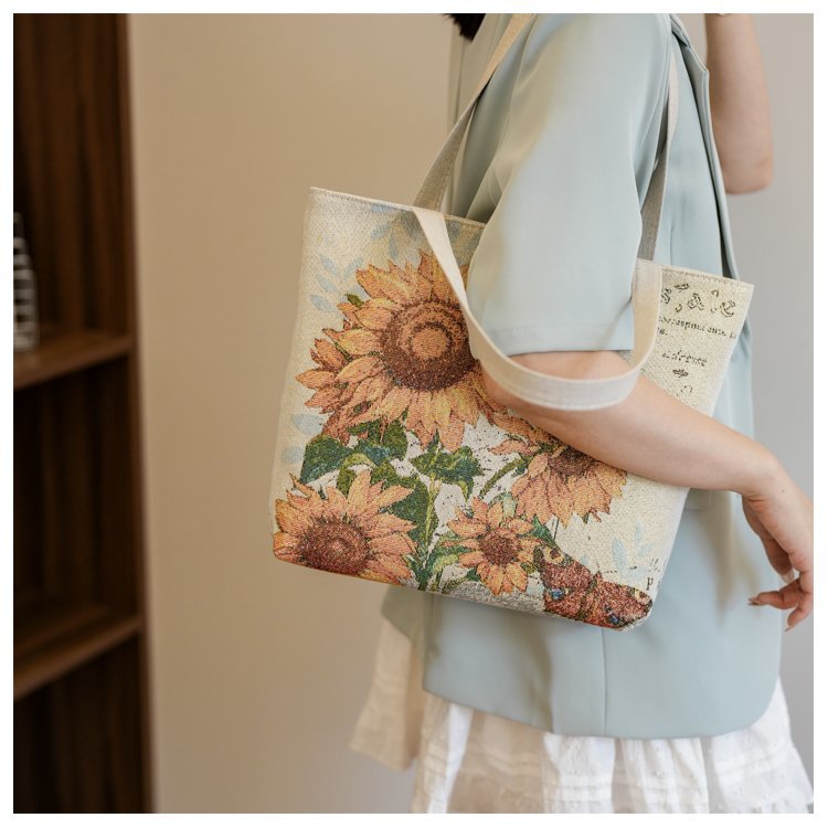 Double sided gold wire jacquard embroidered canvas student tutoring shoulder large capacity mommy bag, artistic style_voghion.com