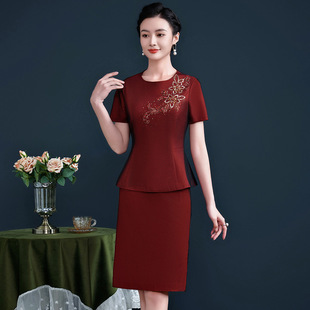 New Summer Fashion Elegant Round Neck Handmade Beaded Dress Thin Slimming Red Middle-aged Mother's Dress
