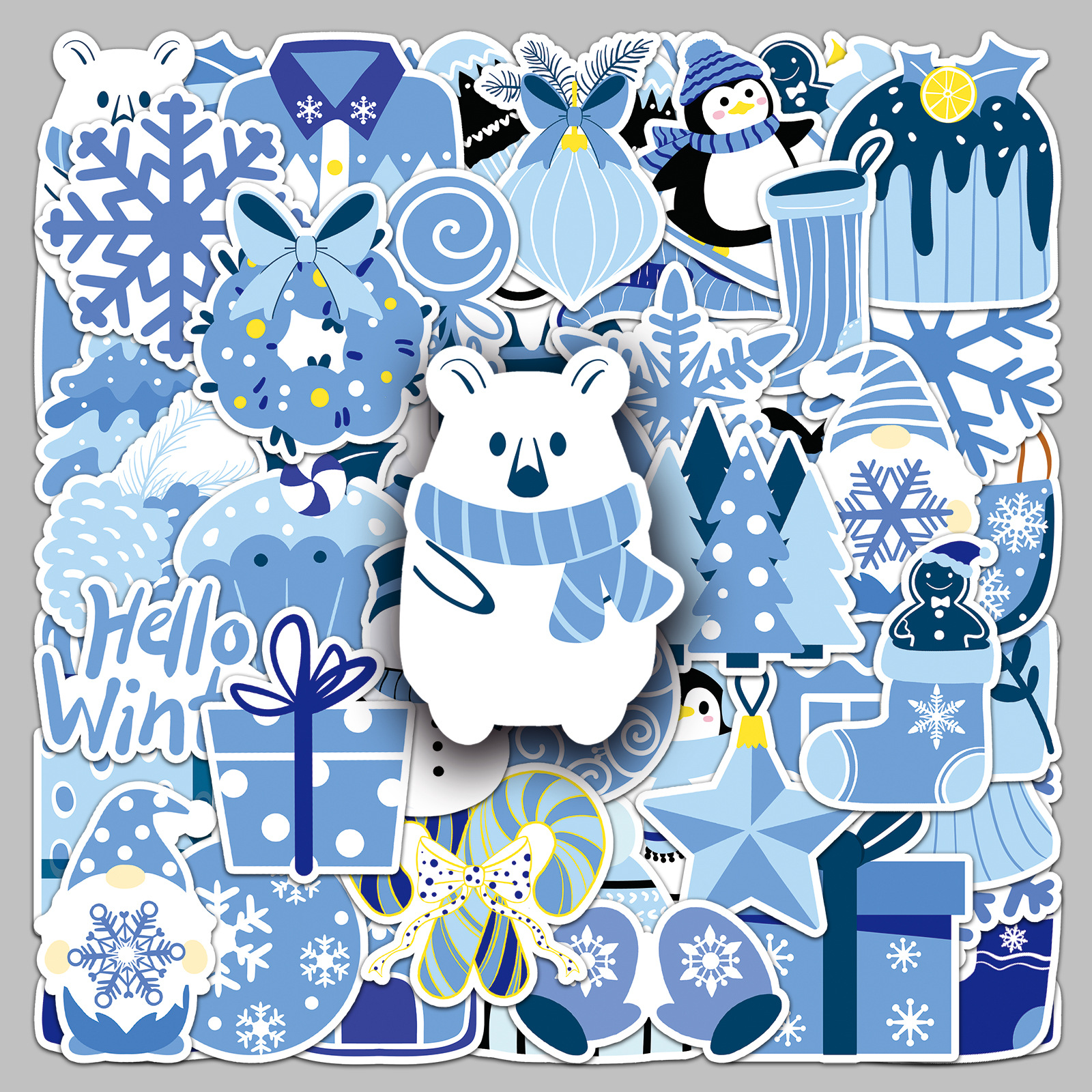 50张蓝色冬天贴纸小清新可爱卡通季节雪花防水装饰笔记本手机贴纸