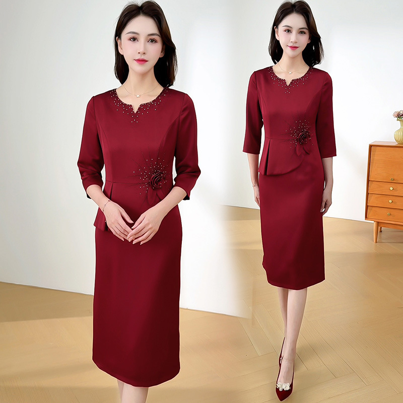 结婚礼服妈妈气质长袖连衣裙假两件遮肚喜婆婆高贵优雅婚宴礼服女|undefined