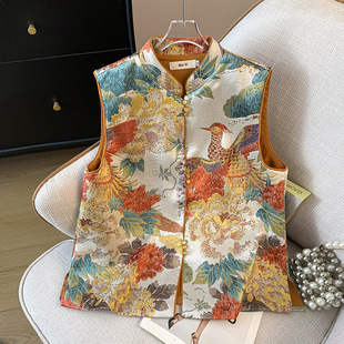 New Chinese Style Retro Small Round Neck Buckle Jacquard Brocade Brocade Heavy Industry Embroidered Vest Cardigan Jacket