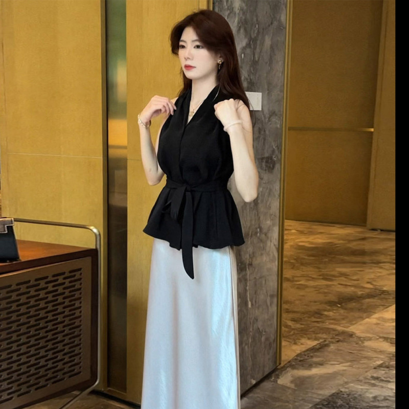 Summer New Style Waist-Cinching Slimming Top, Black Collar Sleeveless Vest + Satin Glossy Texture Skirt Two-Piece Set