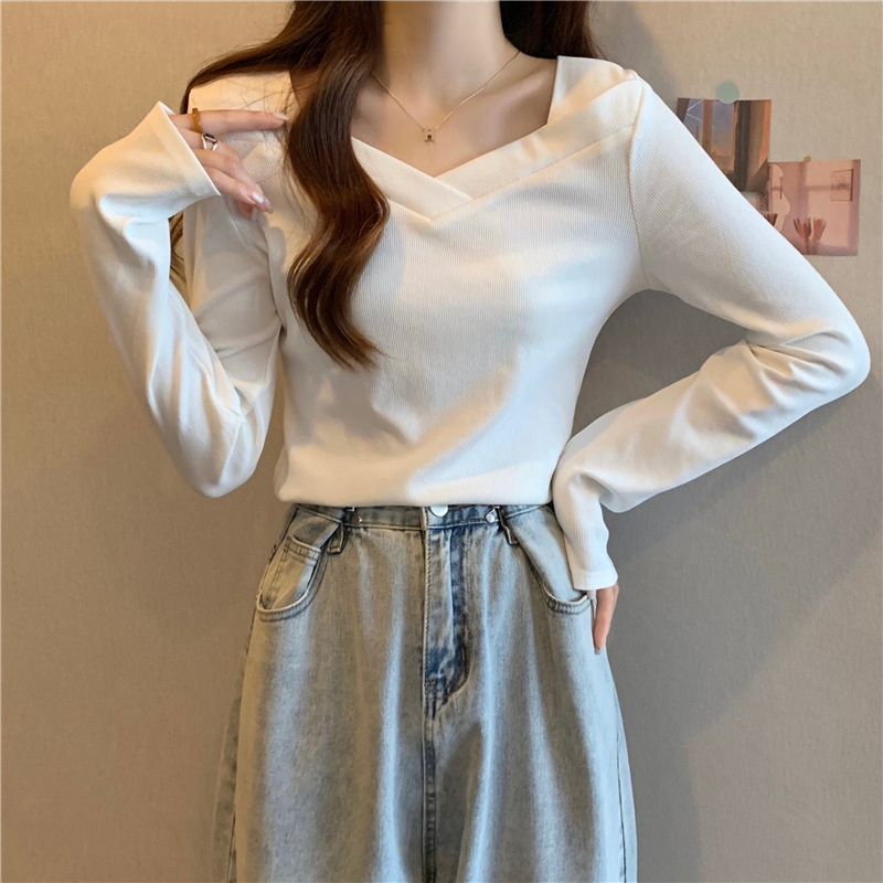 纯色简约V领长袖T恤女春秋磨毛打底衫韩版内搭修身显瘦上衣服|undefined