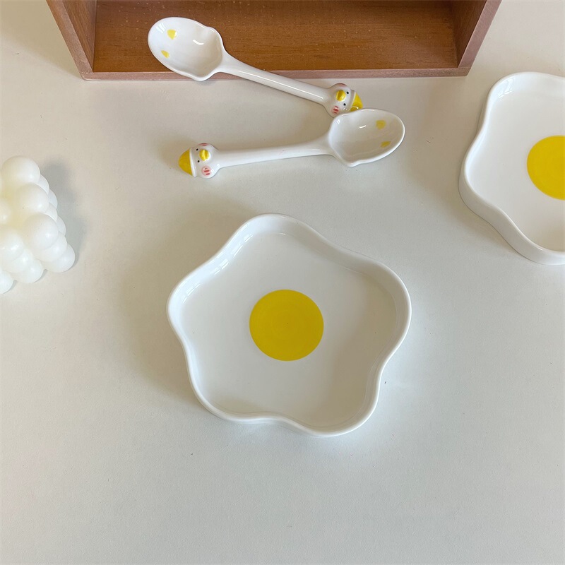 Korean ins Style Cute Tableware Niche Egg Shape Plate High Color Value Ceramic Plate Breakfast Plate Dish