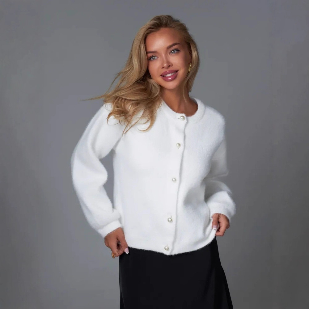 Faux Mink Knit Cardigan – Soft Oversized Button-Up Sweater Coat (One Size, Round Neck, Long Sleeve, Thick & Cozy, White, Perfect For Layering)_voghion.com