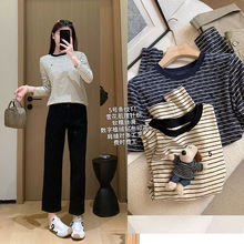 时尚先生~条纹T!雪花肌理植绒贴布撞色长袖T恤早秋软糯轻薄上衣