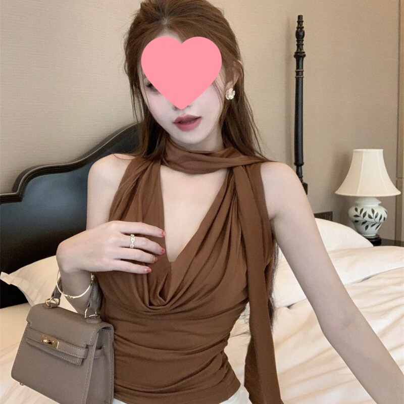 French-Style Elegant Swing Collar Sleeveless Top for Women 2025 Summer New Pure Desire Slim-Fit Halter Neck Tank Trendy