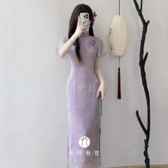 「Ziyaan」紫色の新しい中国風改良チャイナドレス2025夏の新しい気質痩身休暇見栄えの良いロングスカート