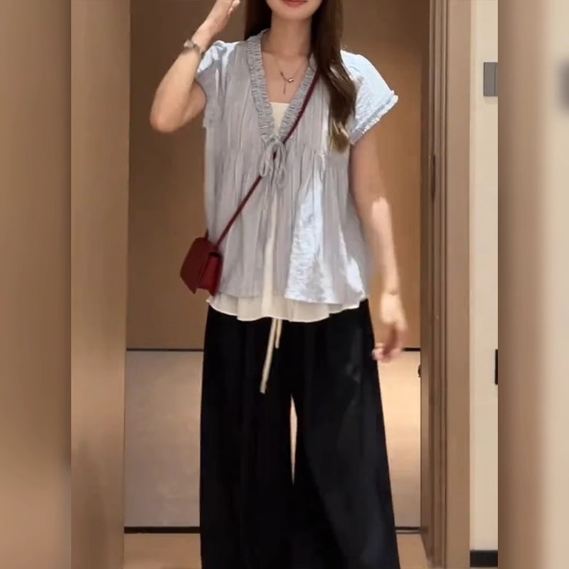 Áo sơ mi nữ giả hai mảnh tay ngắn sọc mỏng form rộng — Màu xanh lam chi tiết 5