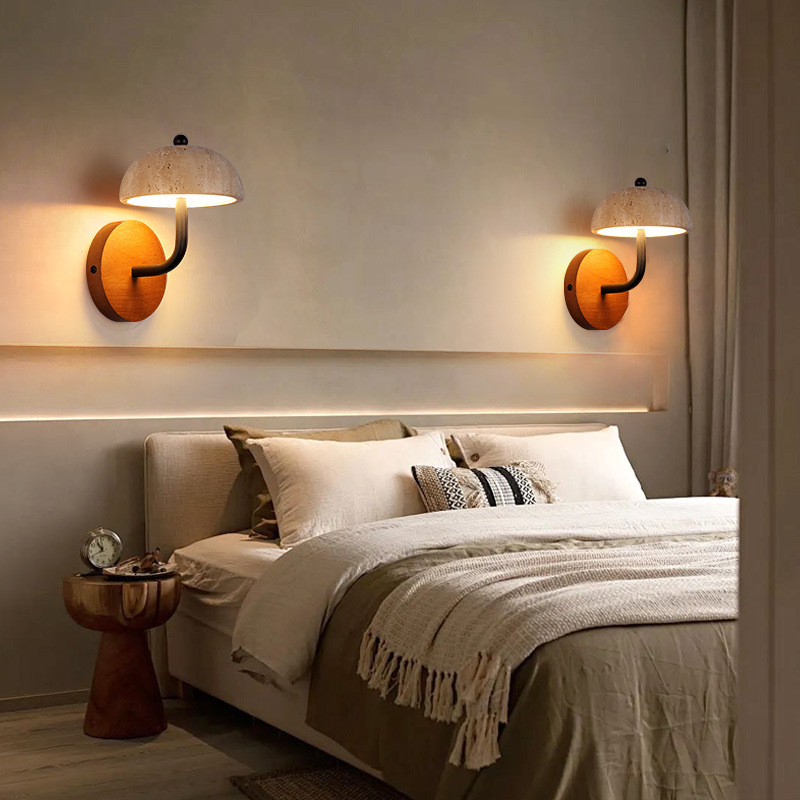 Luz amarilla dormitorio dormitorio principal fondo agujero de viento sala de estar de piedra alta sensación retro 2024 fondo pared japonesa cabecera de cama nueva