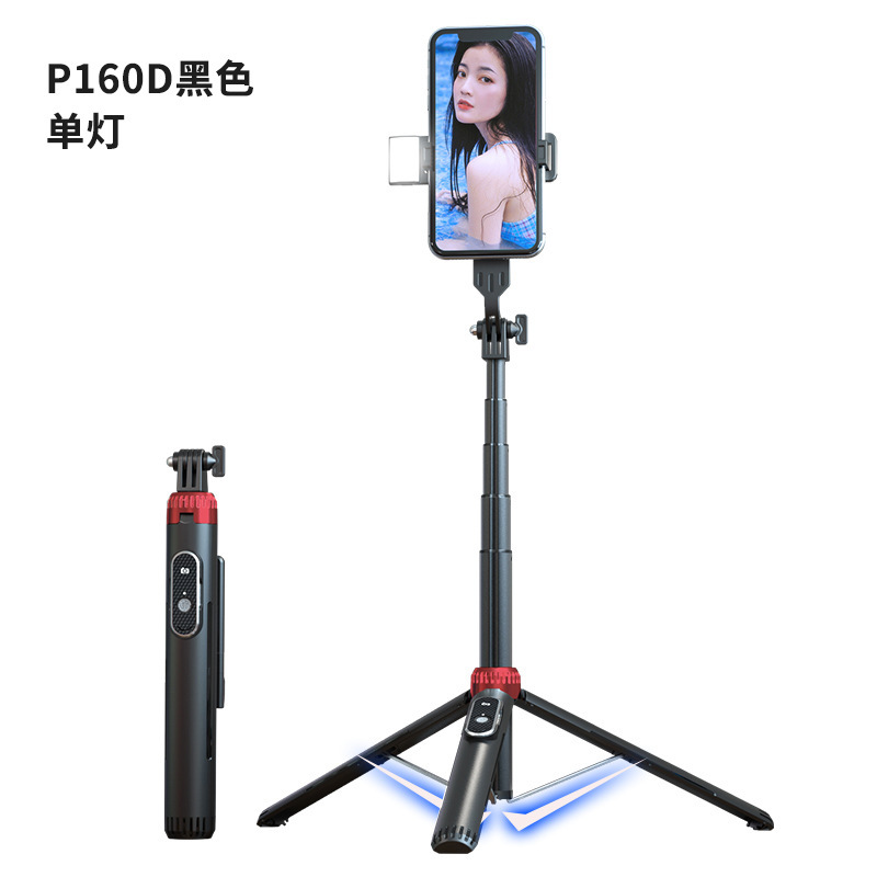 Directo de fábrica teléfono móvil soporte en vivo trípode tubo aleación Aluminio 1,6 M selfie stick Bluetooth control remoto Luz relleno