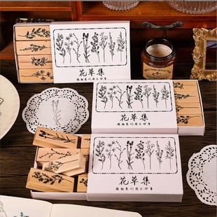 Hand account seal wooden children's seal flowers and plants set series retro seal set wholesale production and processing