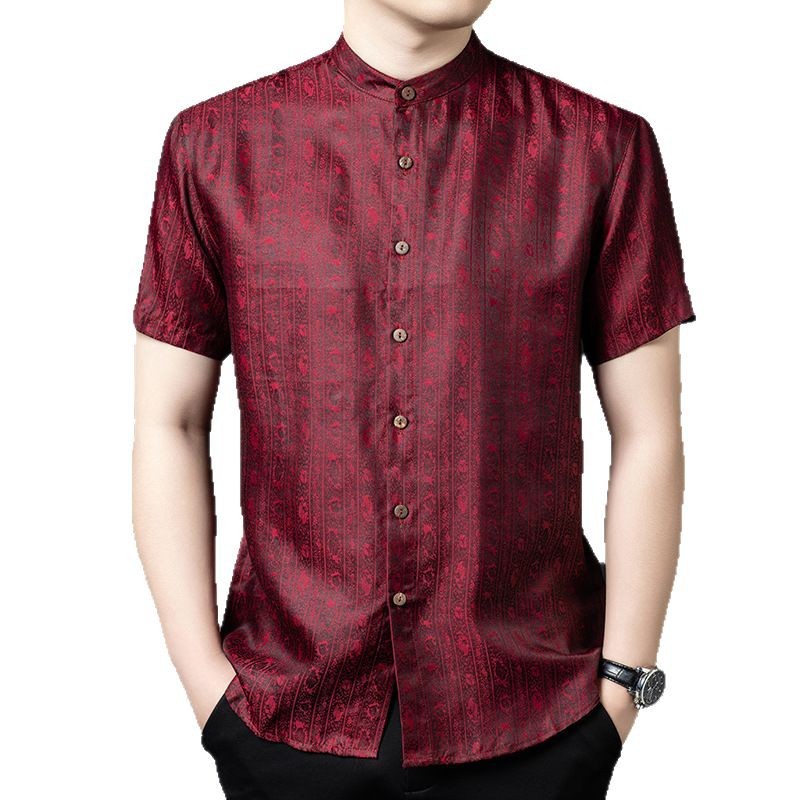 Áo sơ mi nam tay ngắn tơ tằm phong cách Trung Hoa cổ điển — Dải đỏ G6026