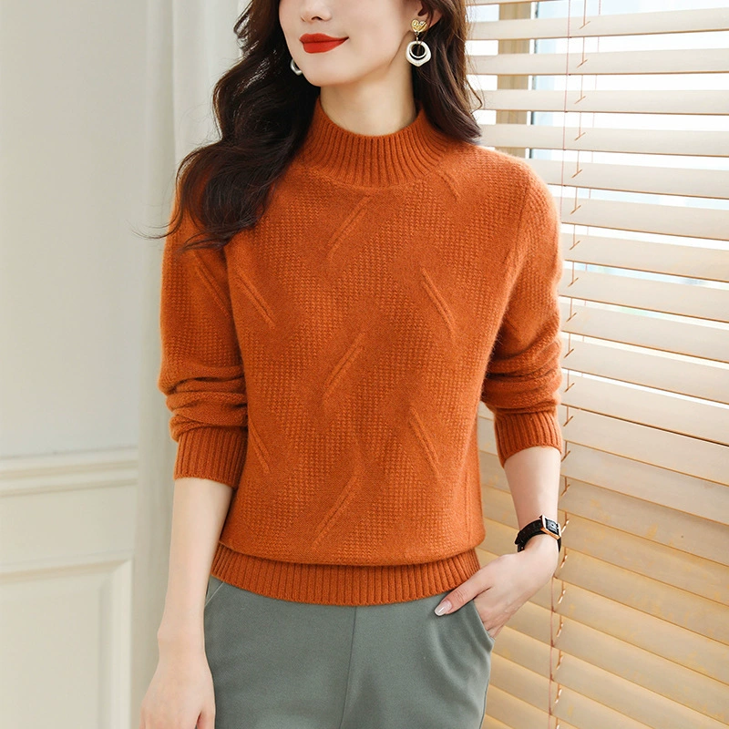 Свитер с половиной воротником женский осенний и зимний оранжевый свитер 2024 зимний новый средний воротник вязаный нижний свитер