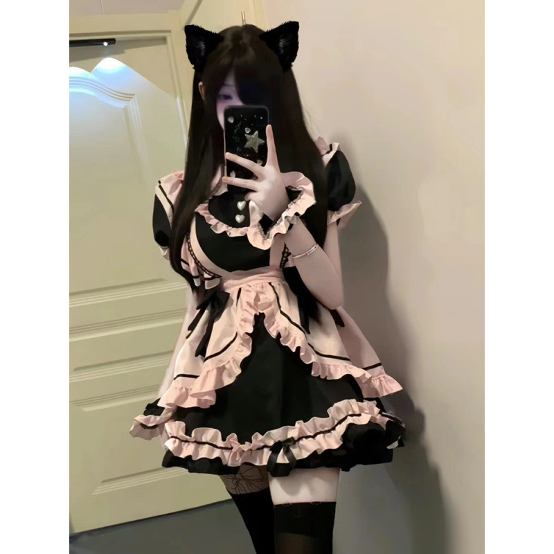 ニャー: ガールキャットメイド服、かわいいヘビーデューティーの大きなリボンのテール付きデイリーロリータドレス|undefined