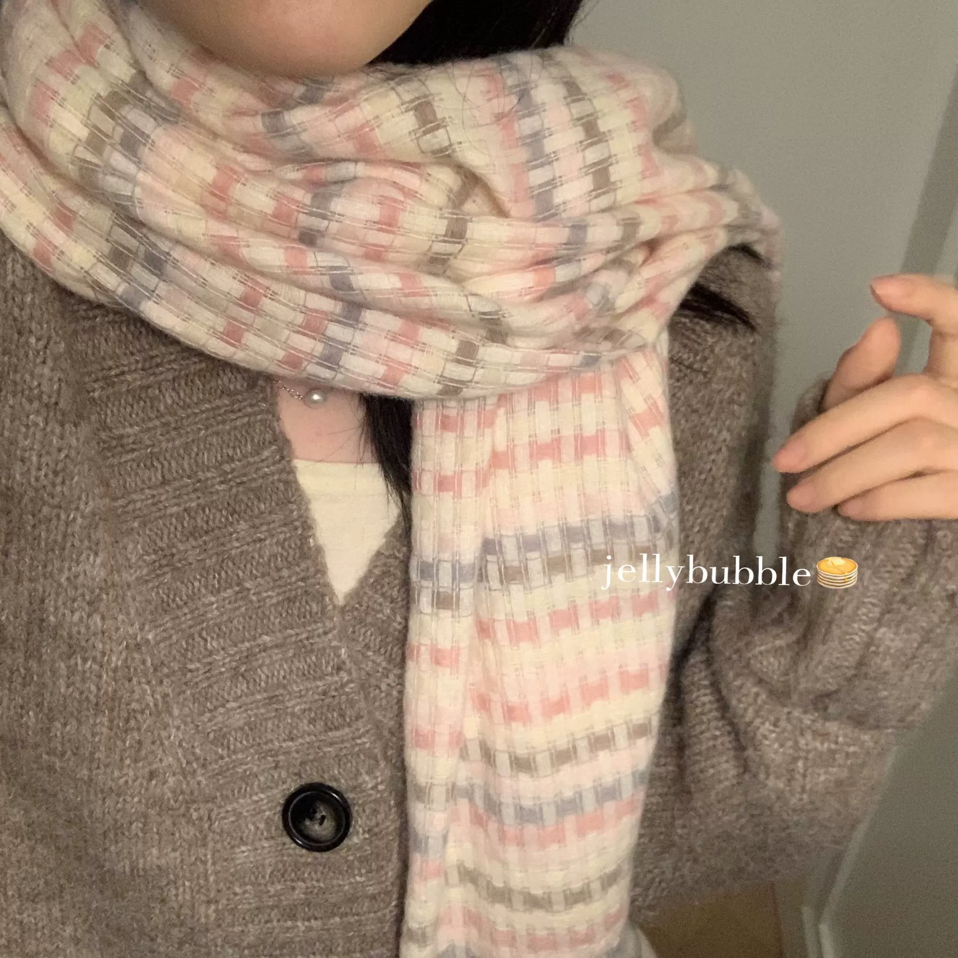 厂家奶油粉色系软糯格子围巾女秋冬亲肤甜美软妹彩虹保暖学生围脖