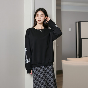 Wholesale chubby girl flower printed top long sleeve round neck loose sweater 2024 autumn new plus size fashion women's clothing