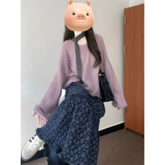 森系温柔风穿搭一整套女紫色软糯慵懒风圆领针织毛衣碎花半身裙子
