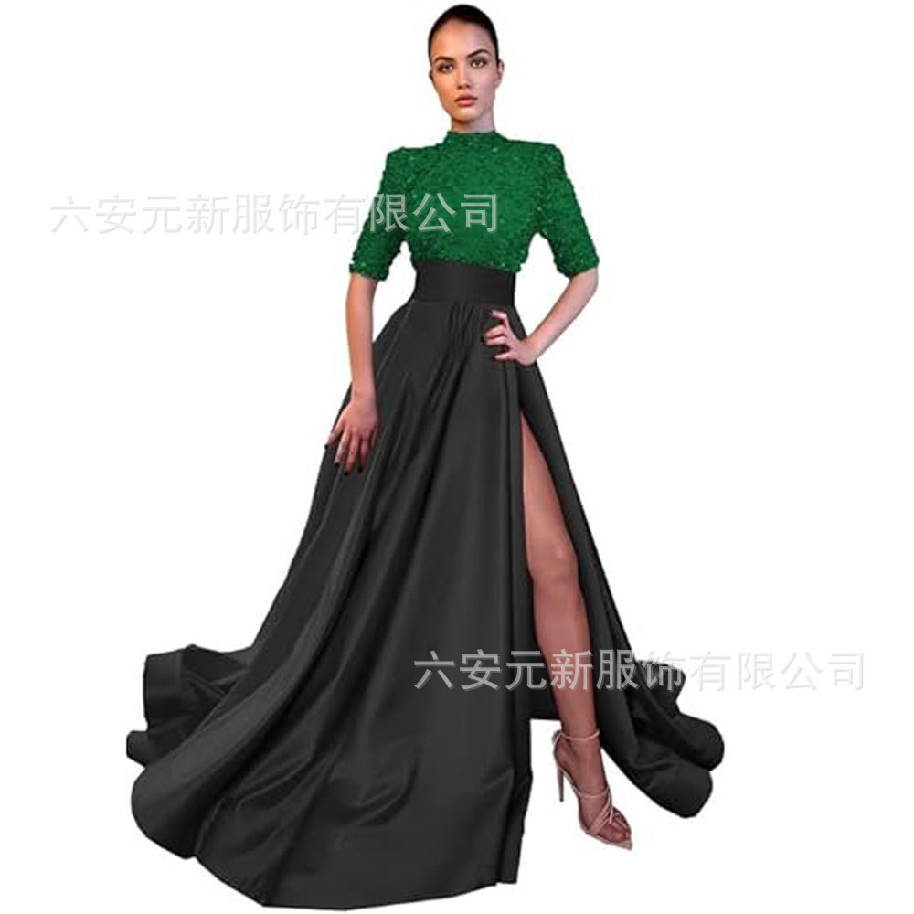 Europeo y americano Amazon AliExpress vestido de fiesta media manga lentejuelas satén vestido de noche A-line vestido de fiesta de hendidura image 29
