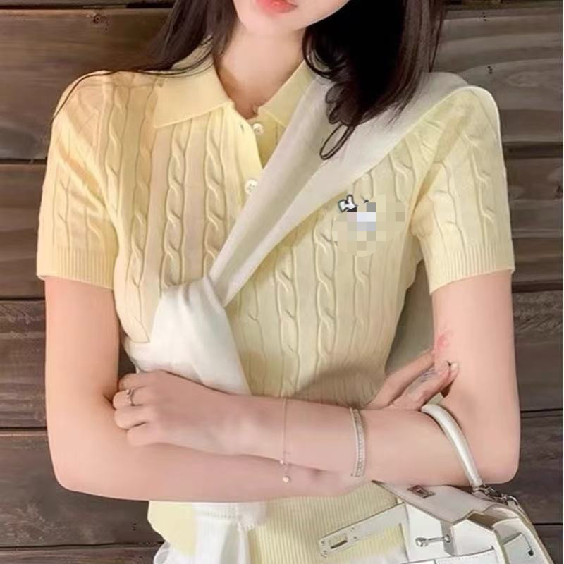 夏の新型純色ニット半袖tシャツ上着麻花刺繍高級感|undefined
