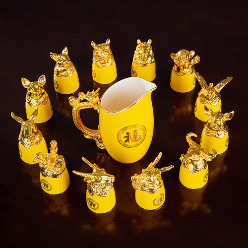 Small-bowl Ceramic Liquor Set with Twelve Zodiac Animal Heads, High-End Gold-plated Gift Wine Glasses and Decanters for Baijiu and Yellow Wine