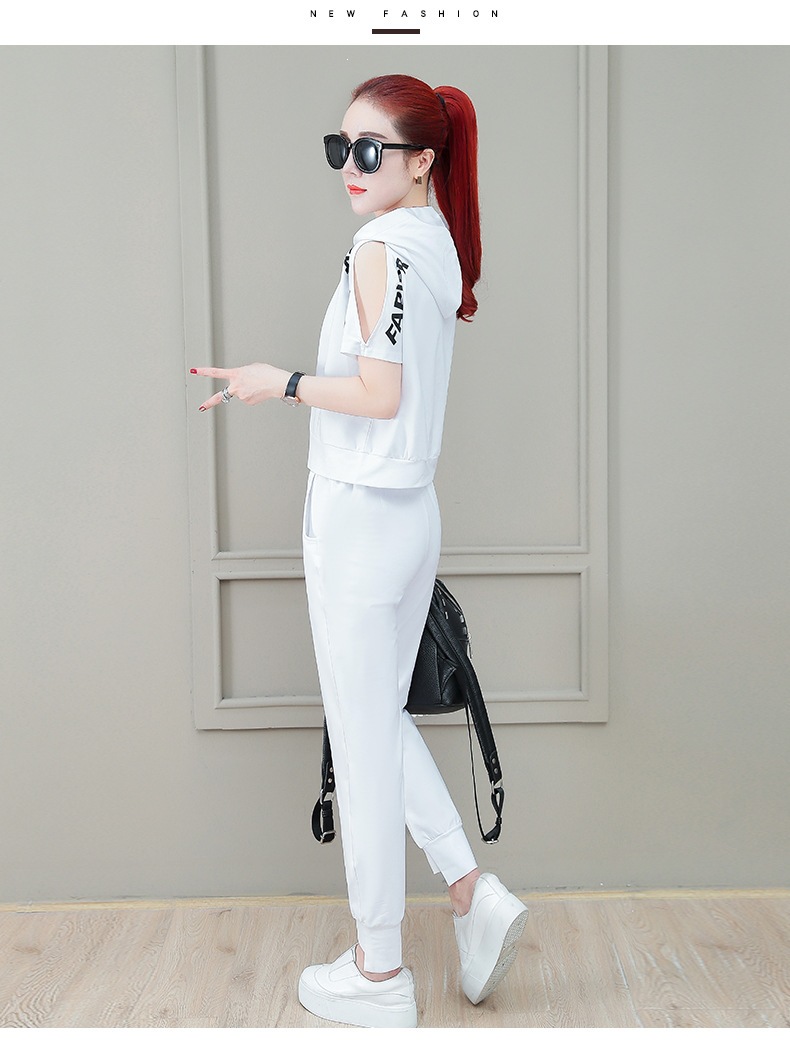 Women's Fashionable Loose Fit Sportswear Set Hooded Short Sleeve Top And Trousers Two Piece Student Outfit Summer 2026 Style_ecoleips.com