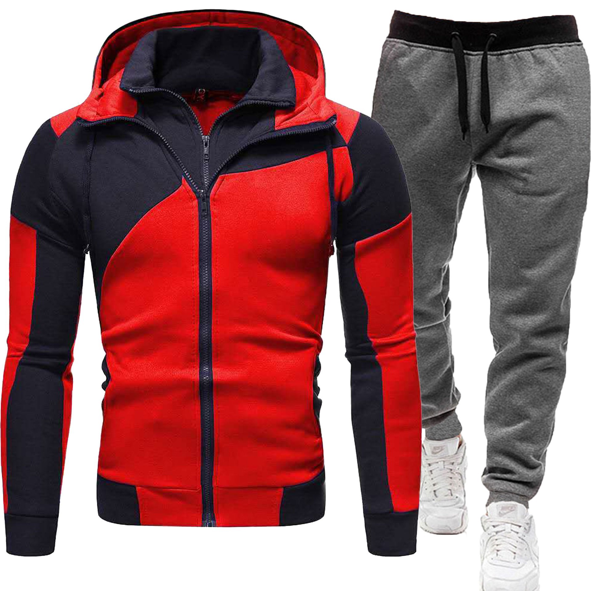 2024 New Men's Personalized Colorblock Double Layer Zip Hooded Cardigan Slim Fit Sweater_voghion.com