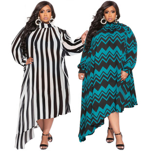 N7600 Amazon European and American Cross-border plus size Women's Long Sleeve Dress Crewneck Printed Fashion Sexy dress