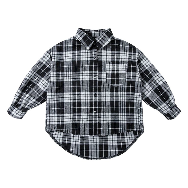 Negro Plaid niñas camisa 2024 nueva primavera y otoño estilo coreano de moda Plaid camisa casual para niños de manga larga moda