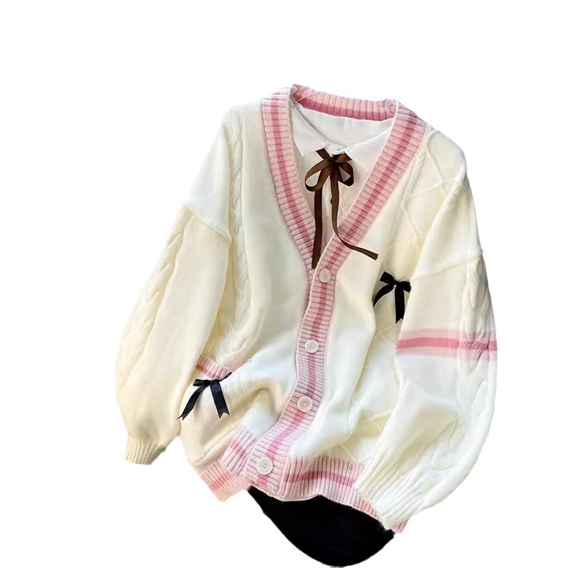 2025 otoño y invierno japonés nuevo estilo de diseño de viento perezoso sensación de jersey cardigan arco de torsión suéter suelto chaqueta mujer image 6