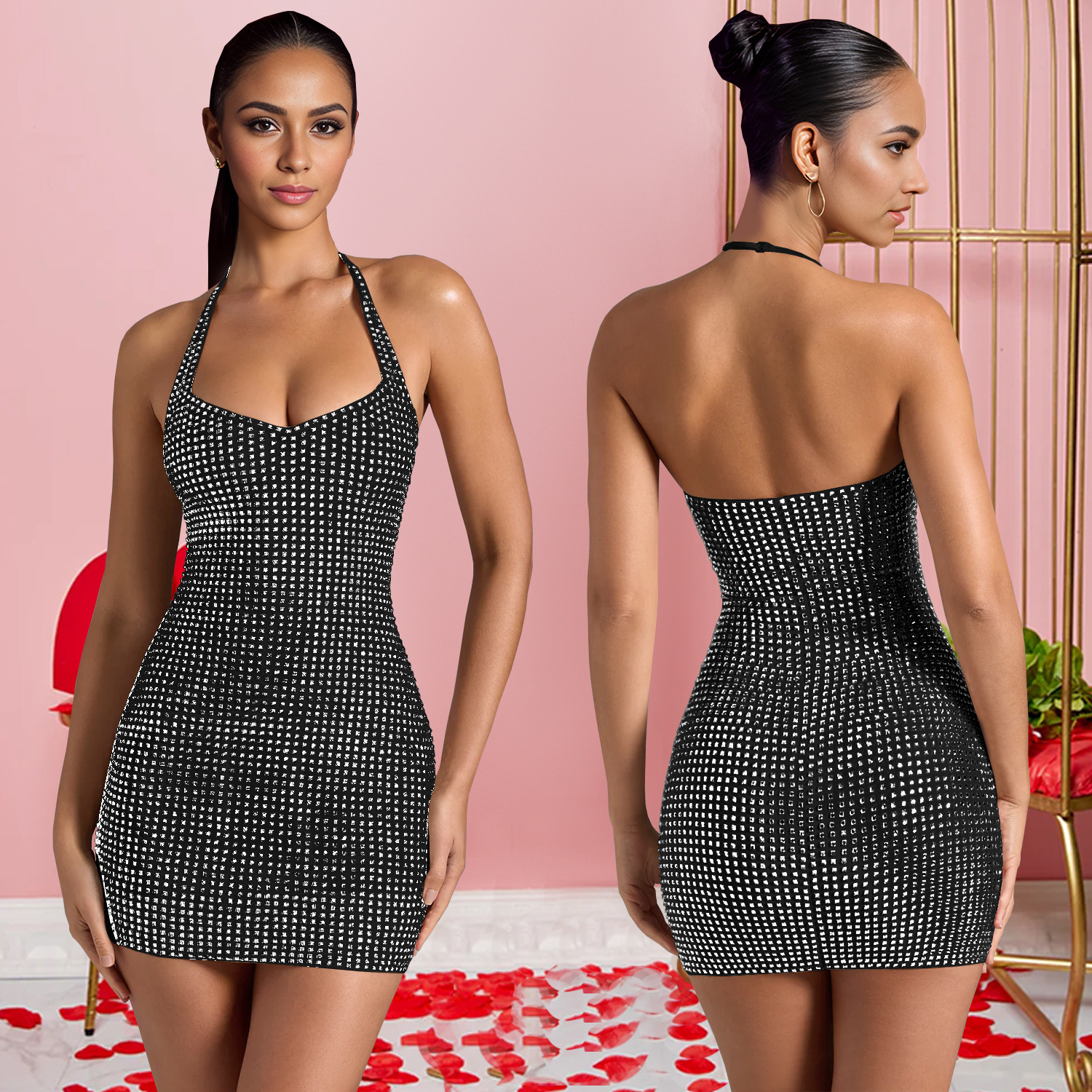 C7179 Transbordador AliExpress Amazon Moda europea y americana Vestido de cadera delgado con cuello halter sexy y diamantes calientes image 4