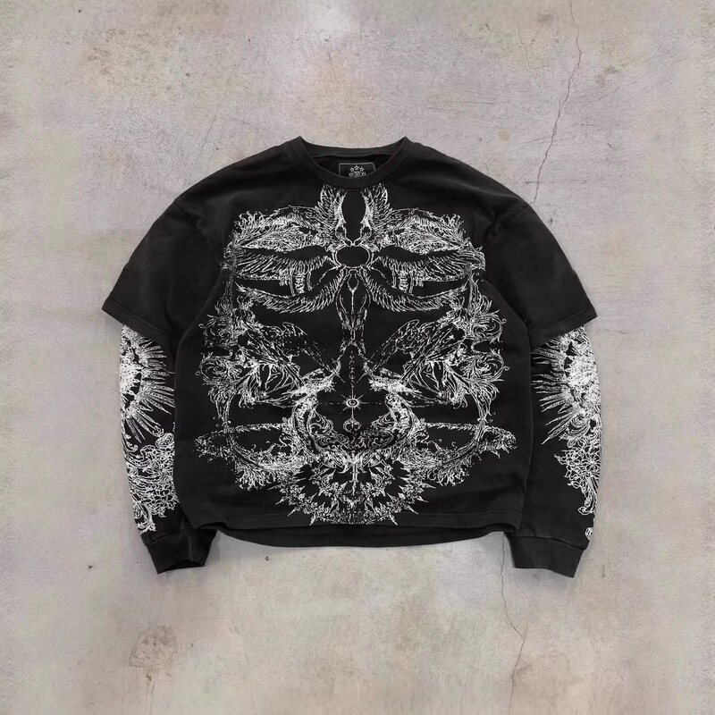 Fake Two-Piece Long-Sleeved T-Shirt for Men, American Retro Distressed Wing Print, Subculture Punk Style, Loose Round Neck Top Fake Two-Piece Long-Sleeved T-Shirt for Men, American Retro Distressed Wing Print, Subculture Punk Style, Loose Round Neck Top