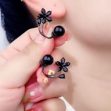 925银针时尚个性黑色花朵珍珠耳钉 一款两戴小众感设计耳环耳饰女