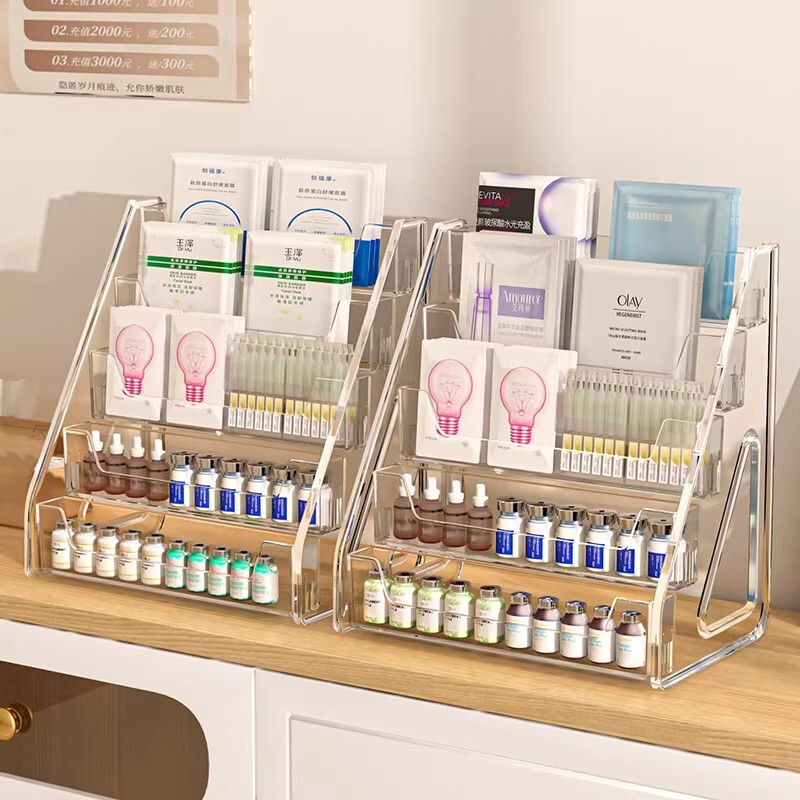 Facial Mask Display Stand, Tiered Acrylic Cosmetics Store Desktop Skincare Product Rack, Beauty Salon Water-Glow Display Rack