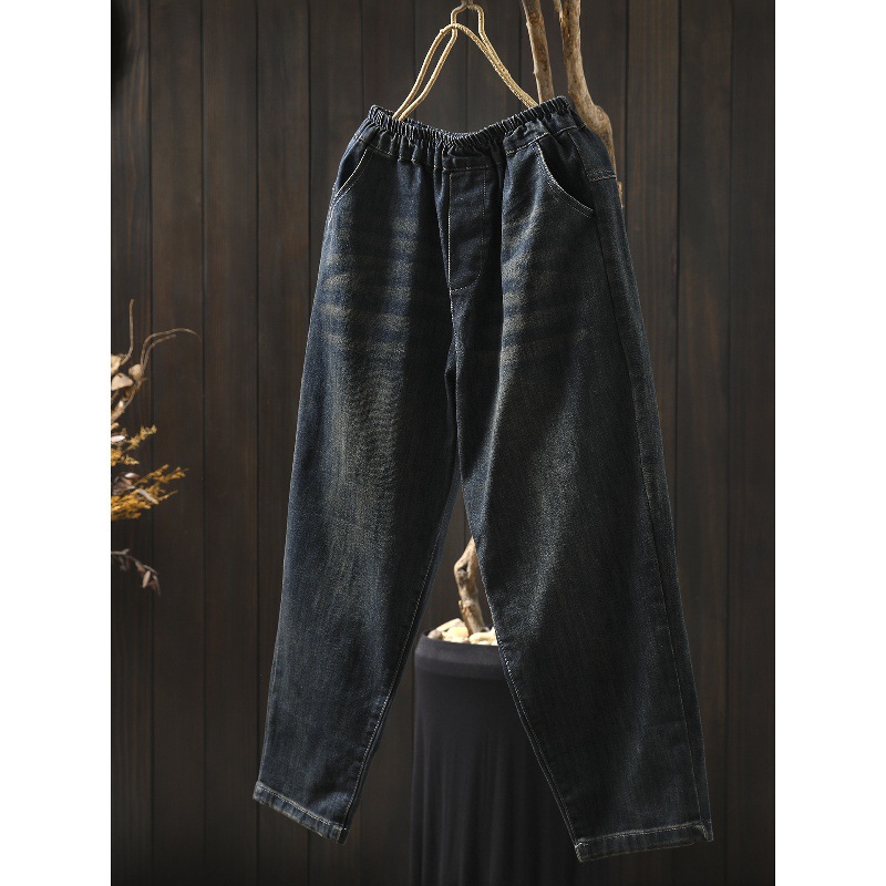 复古水洗做旧纯色全棉牛仔裤女士2025新款韩版宽松百搭哈伦裤长裤