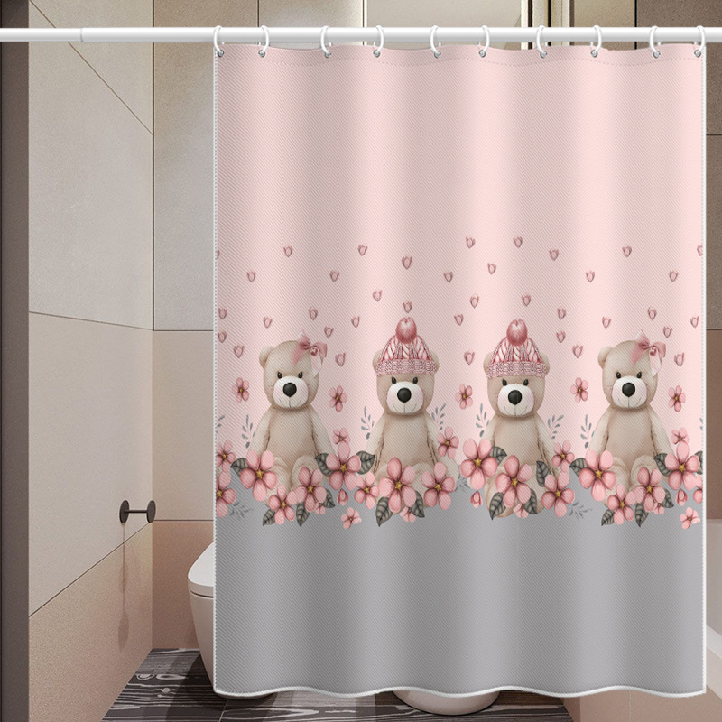 Bathroom Waterproof Shower Pink Bear Pattern, Polyester Fabric, No-drill Installation Set, Thickened, Mold-resistant_voghion.com