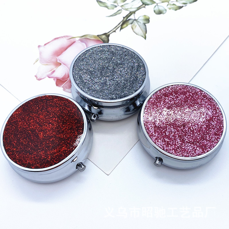 药不能停 圆形三格药盒 闪粉滴胶金属药盒 便携药丸盒 糖果盒