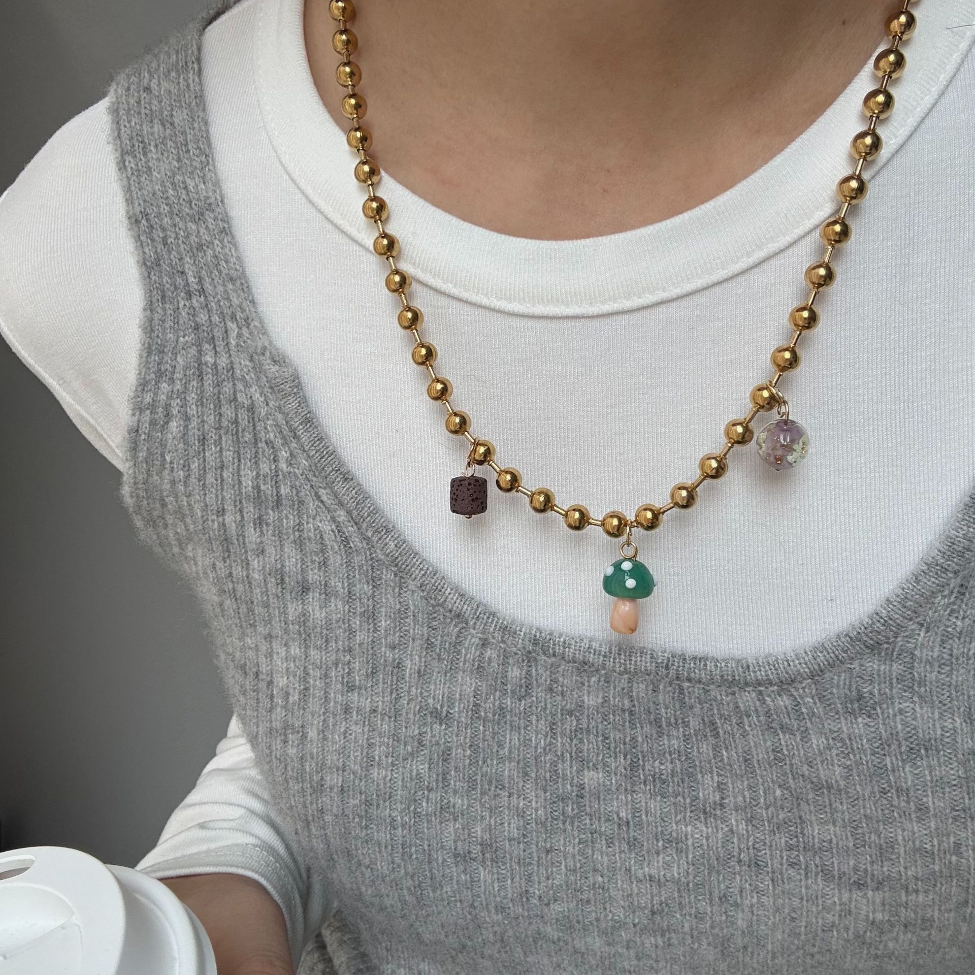 18g Weight glass Pendant Material Pendant Necklace Classification Titanium Steel Chain Material ball chain Chain Type 1 Piece Quantity Holiday, Daily, Selfie Occasion Titanium Steel Material Mushroom Pattern Women's Gender Plating Design Casual, Elegant, Lady Style Wholesale Jewelry Casual Elegant Lady Mushroom Titanium Steel Plating Pendant Necklace Ball Chain 10