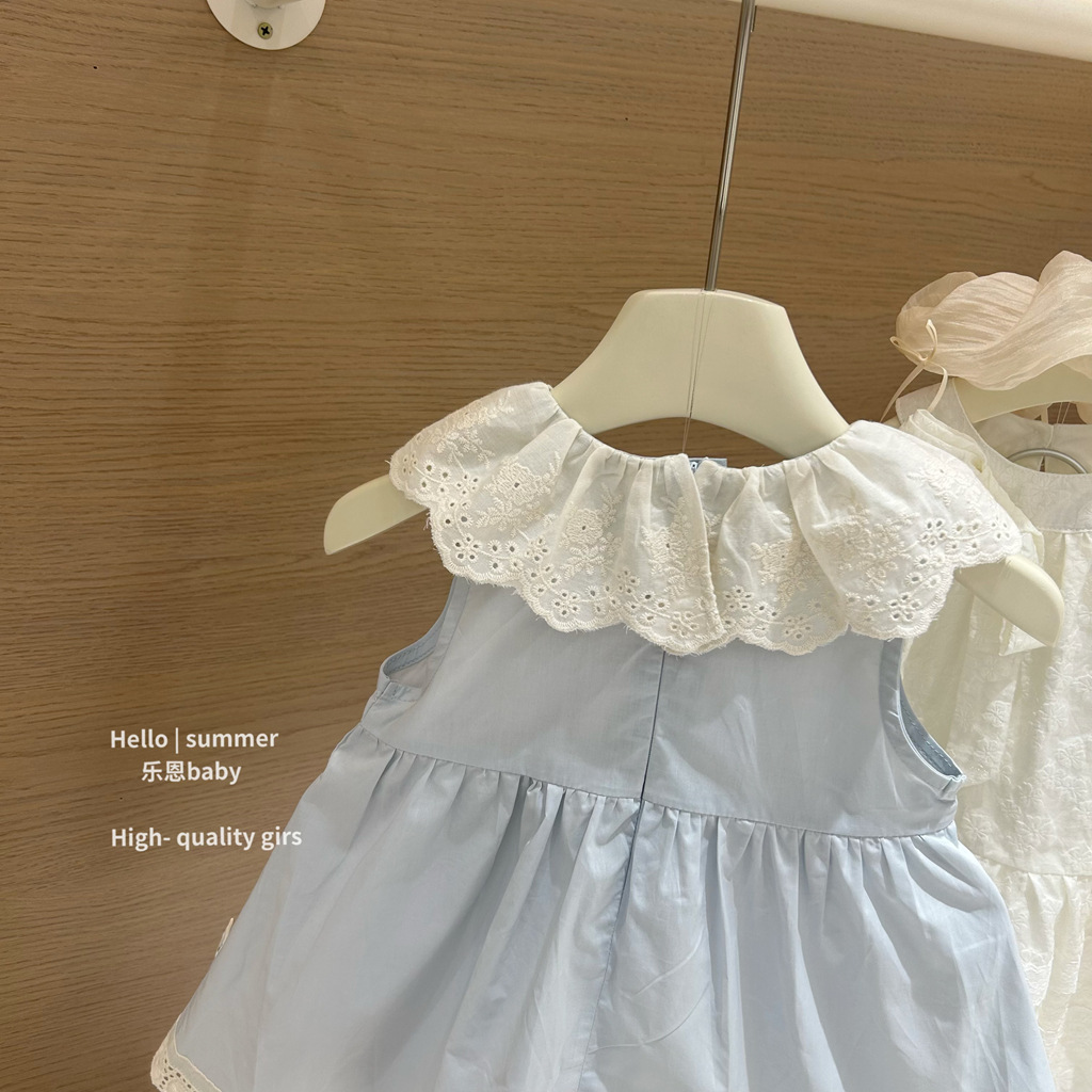[Lenbaby] verano 2025 niñas vestido de muñeca de cuello de encaje azul vestido de princesa de bebé
