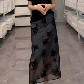 黑色国风网纱植绒半身裙女2026夏季新款高腰显瘦薄款透气直筒裙子