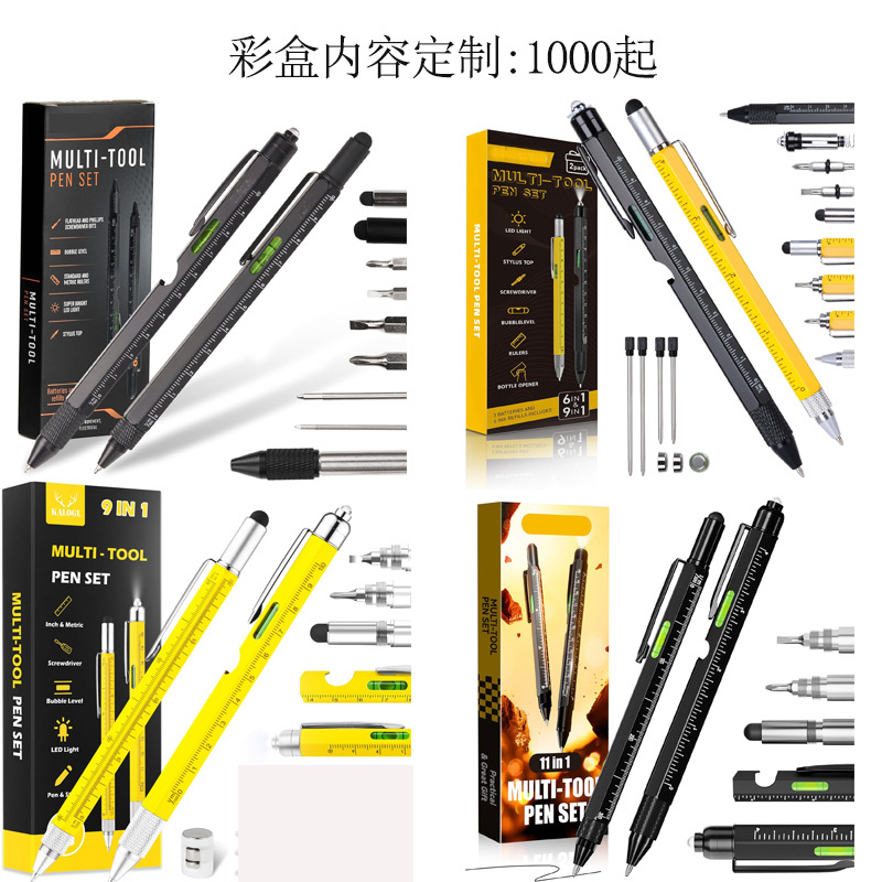 Estuche para bolígrafos con abridor de botellas 9 en 1, bolígrafo con luz LED, herramienta multifuncional, bolígrafo de metal 6 en 1, bolígrafo de regalo