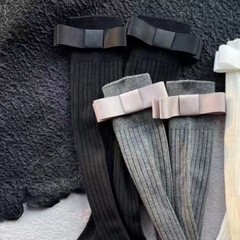 春秋季蝴蝶結襪子可愛豎紋中筒外穿小腿襪過膝長筒襪小香風jk襪子
