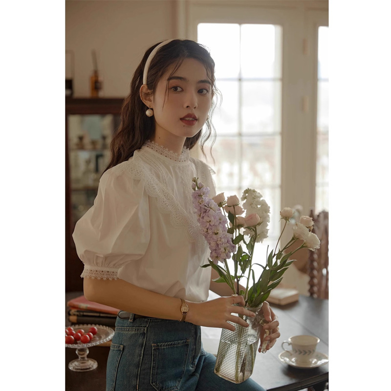 French-Style Elegant Court-Style Lace Patchwork White Short-Sleeve Shirt for Women, Summer 2026 Puff Sleeve Top, Casual Blouse