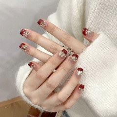 新年網紅手工穿戴甲短款撞色碎鑽珍珠閃粉美甲片批發指甲貼片