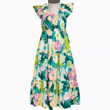 欧美走秀复古印花性感U领荷叶边收腰显瘦优雅气质度假连衣裙洋气